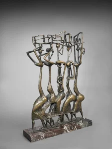 John Rhoden, (1916-2001) Safari, 1958 Bronze with stone base 38 x 27 3/4 x 7 1/4 in. The John Walter Rhoden and Richanda Phillips Rhoden Collection